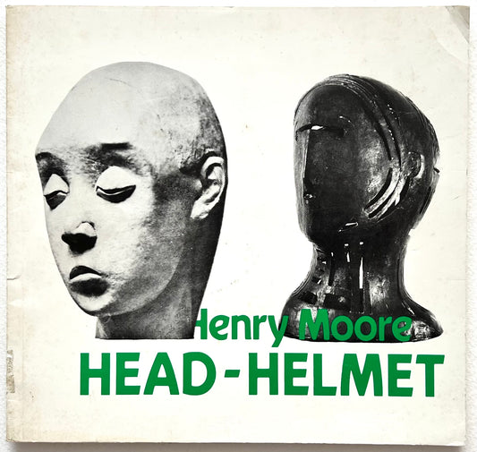 Book cover of 'Head Helmet' by Henry Moore with a black and white photograph of a sculpture on a beige background.