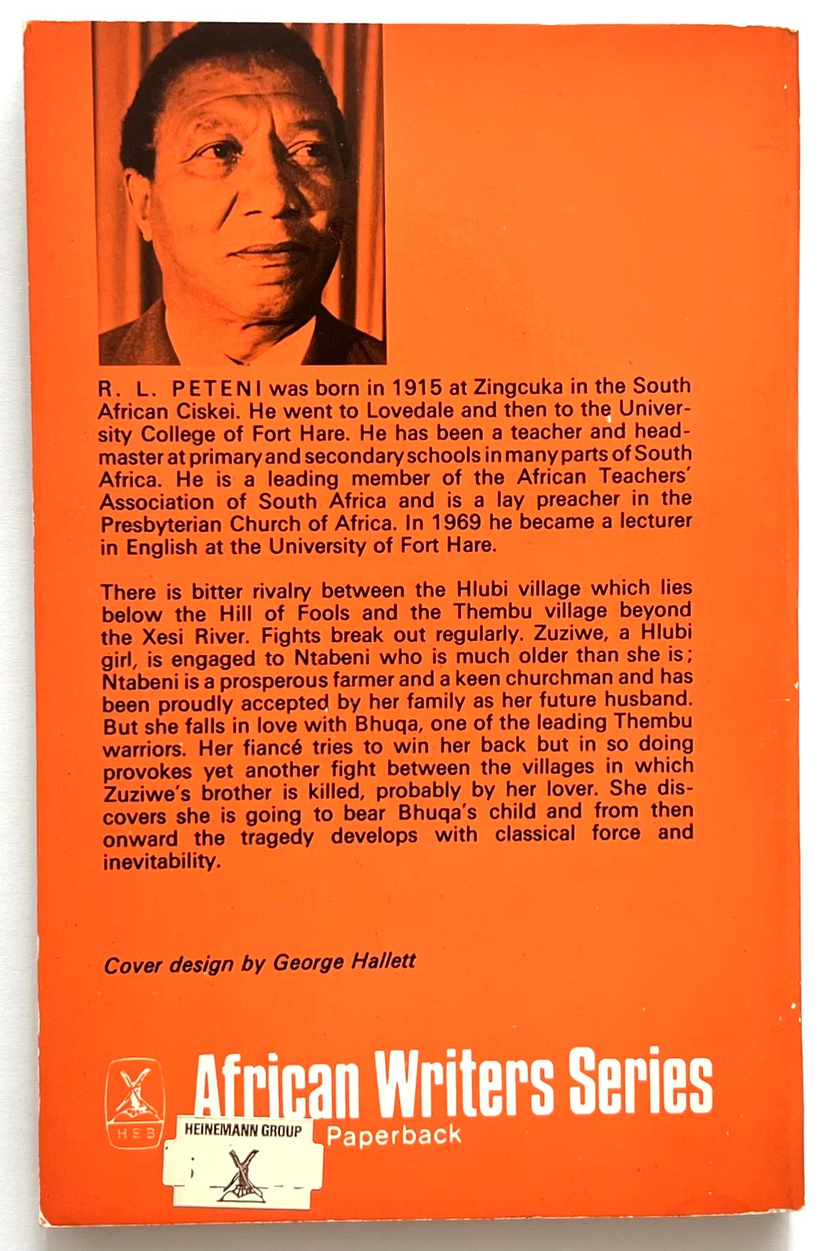 Rear book cover of 'Hill of Fools' by R.L. Peteni published in 'African Writers Series' with author's portrait and text on an orange background