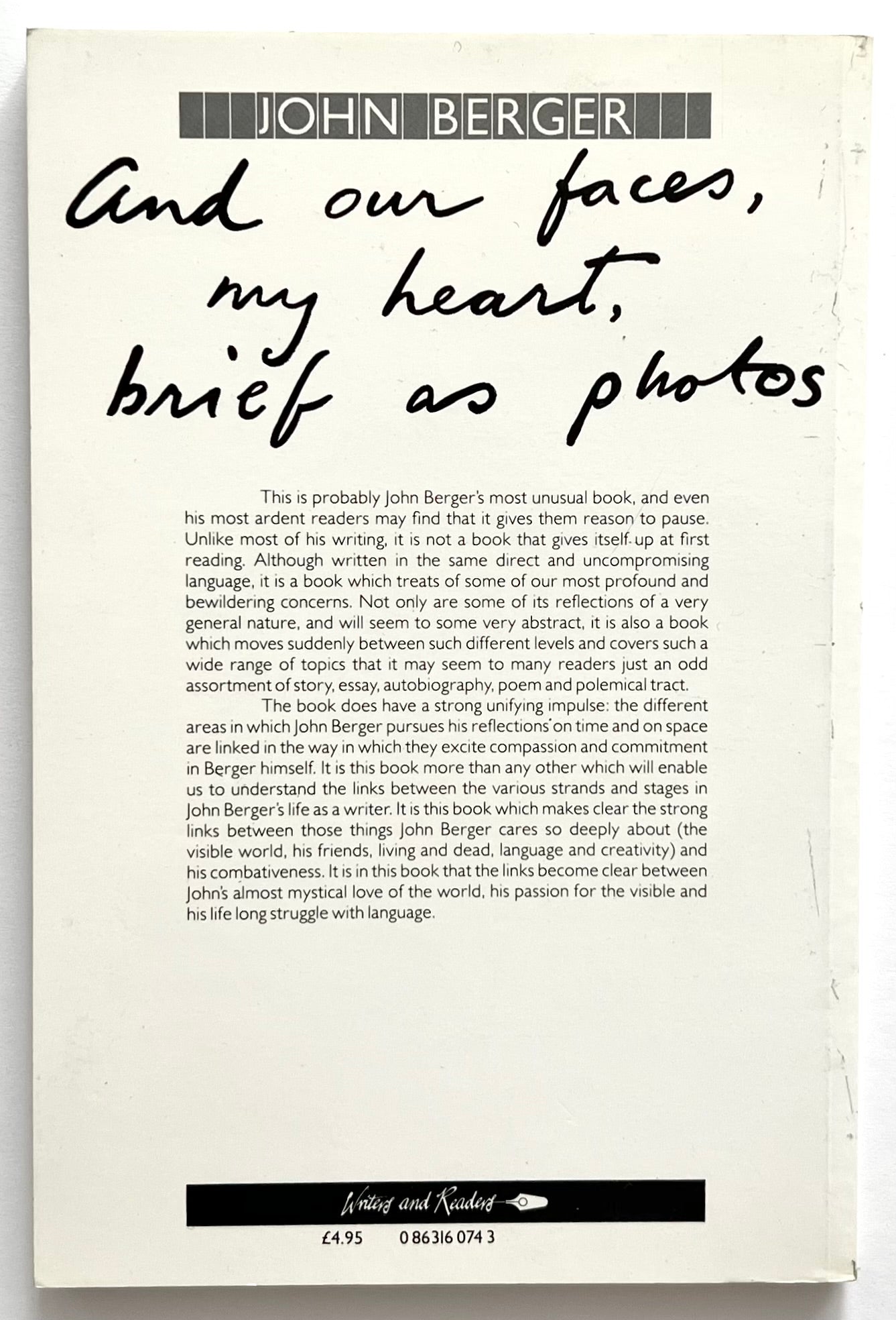 Rear book cover of 'And Our Faces, My Heart, Brief as Photos' by John Berger with text and branding.