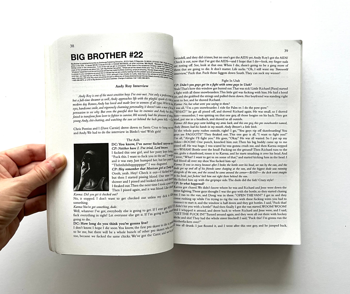 Open book showing interior pages from “boob” by Dave Carnie, featuring the “Big Brother #22” section with an Andy Roy interview and a small black-and-white portrait.