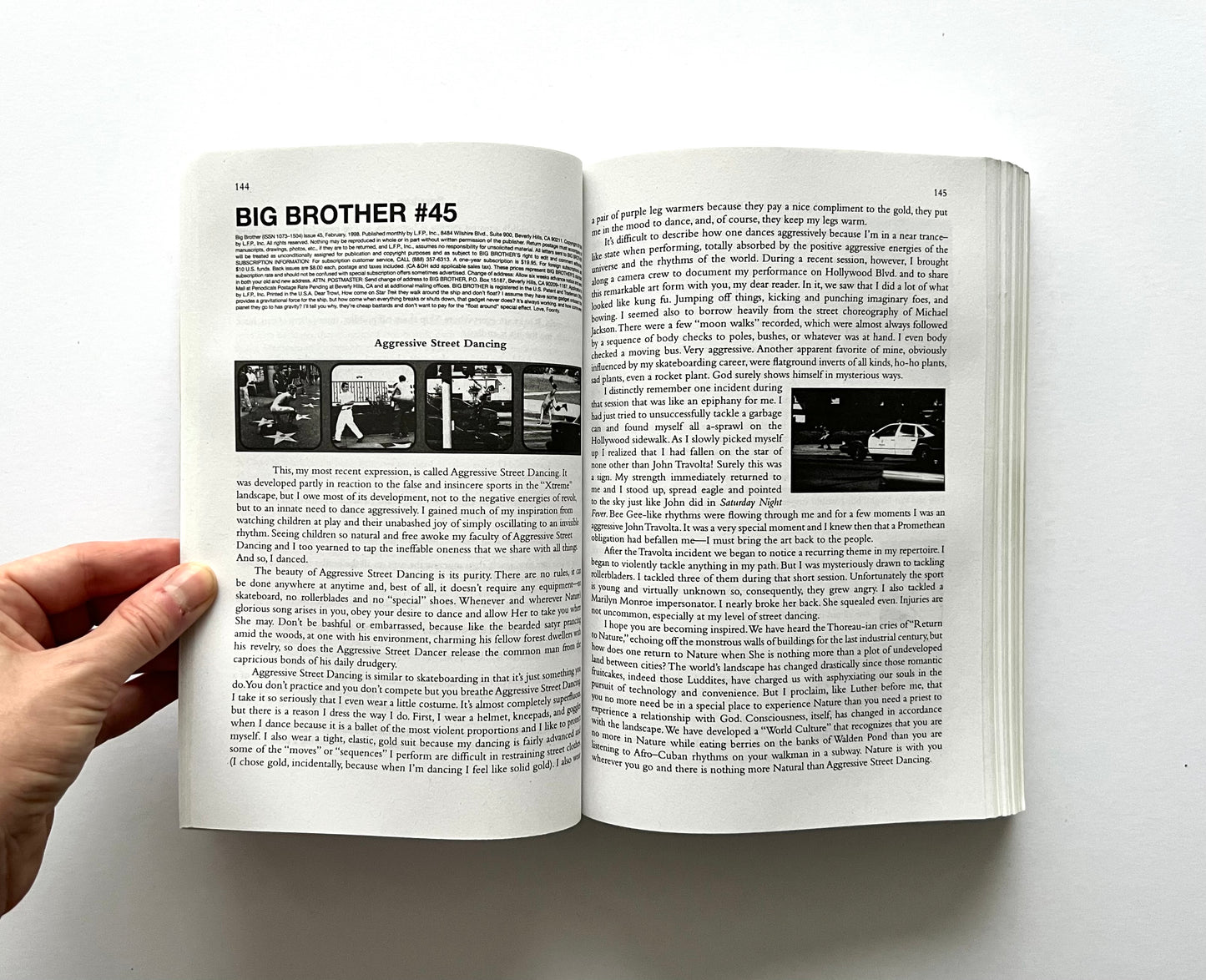 Open book showing interior pages from “boob” by Dave Carnie, featuring the “Big Brother #45” section with a series of black-and-white photos labelled “Aggressive Street Dancing” on page 144, and continued text on page 145.