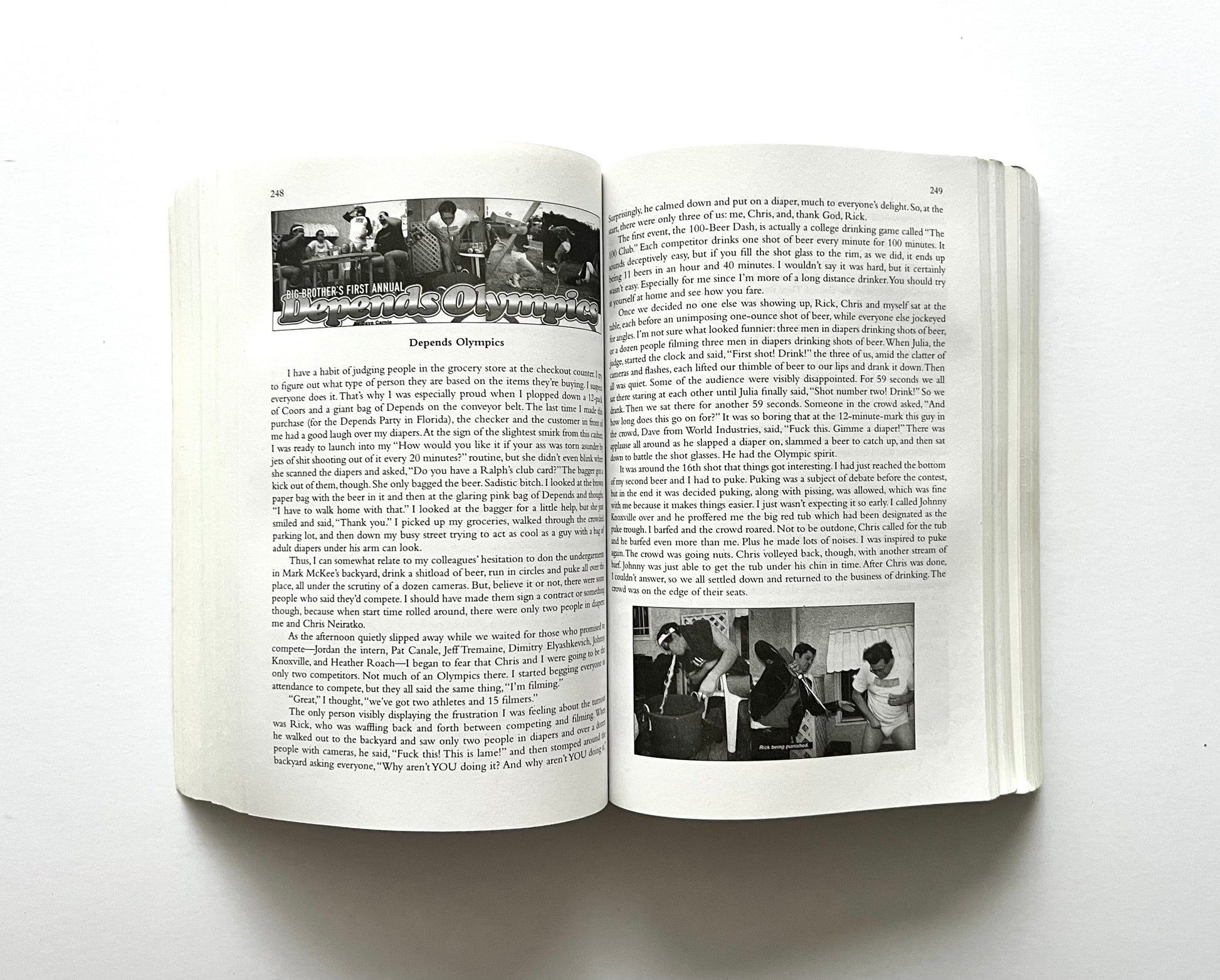 Open book showing interior pages from “boob” by Dave Carnie, featuring the “Depends Olympics” section with black-and-white event photos on pages 248–249.