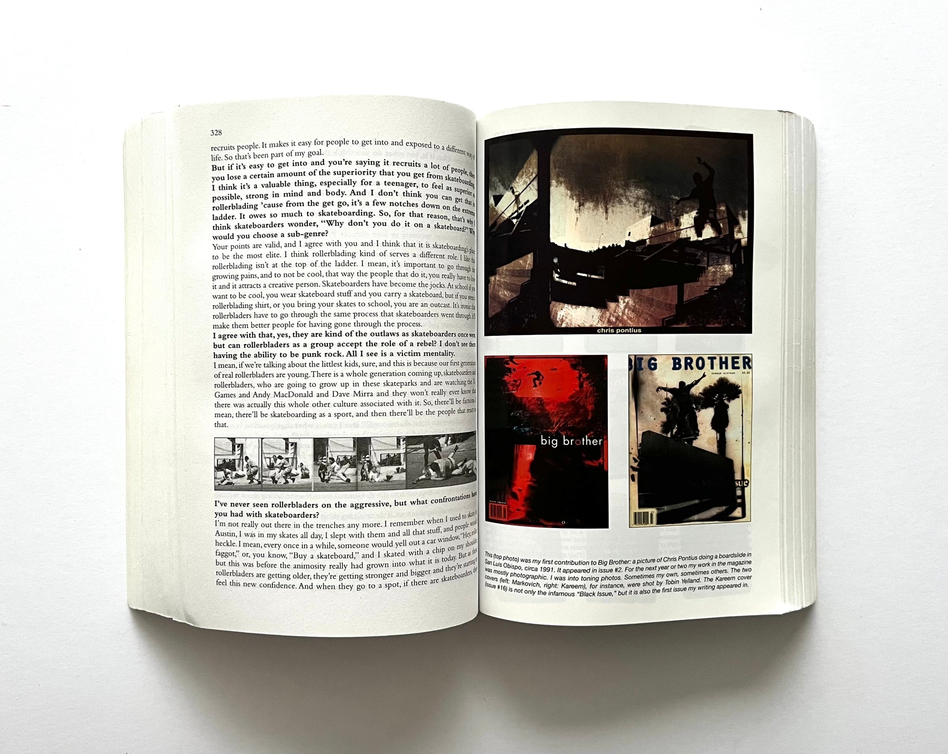 Open book showing interior pages from “boob” by Dave Carnie, with text on page 328 and several full-color Big Brother magazine images on page 329.