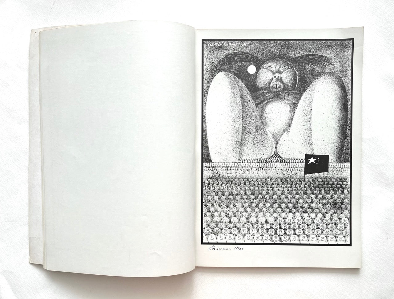 Open book - 'Indecent Exposure' by Gerald Scarfe - with a black and white surreal illustration on a white background