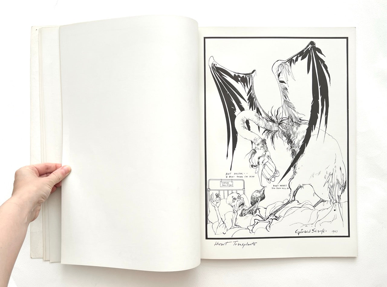 Open book - 'Indecent Exposure' by Gerald Scarfe - with a black and white illustration of a grotesque dragon and a hospital patient.