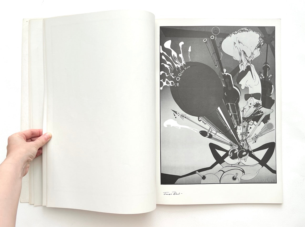 Open book - 'Indecent Exposure' by Gerald Scarfe - with a black and white surreal political cartoon-style illustration.