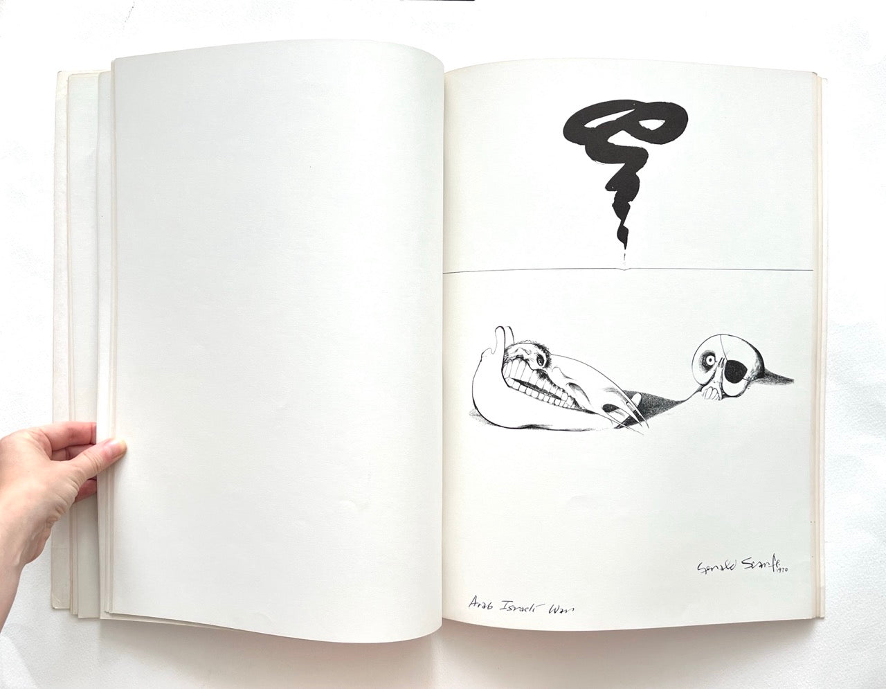 Open book - 'Indecent Exposure' by Gerald Scarfe - with black line art illustrations on white pages