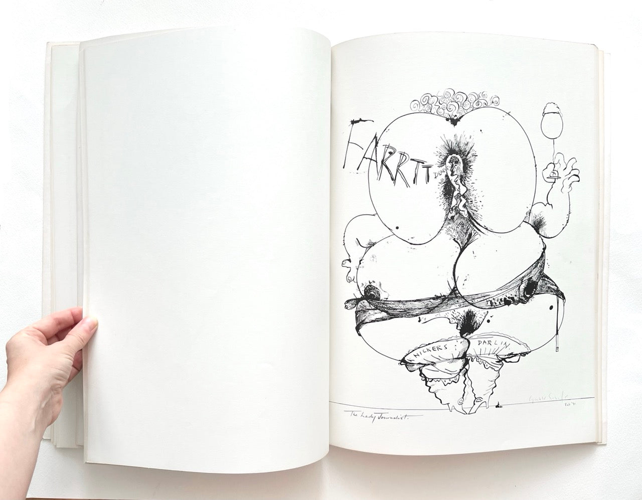 Open book - 'Indecent Exposure' by Gerald Scarfe - with black and white grotesque illustration.
