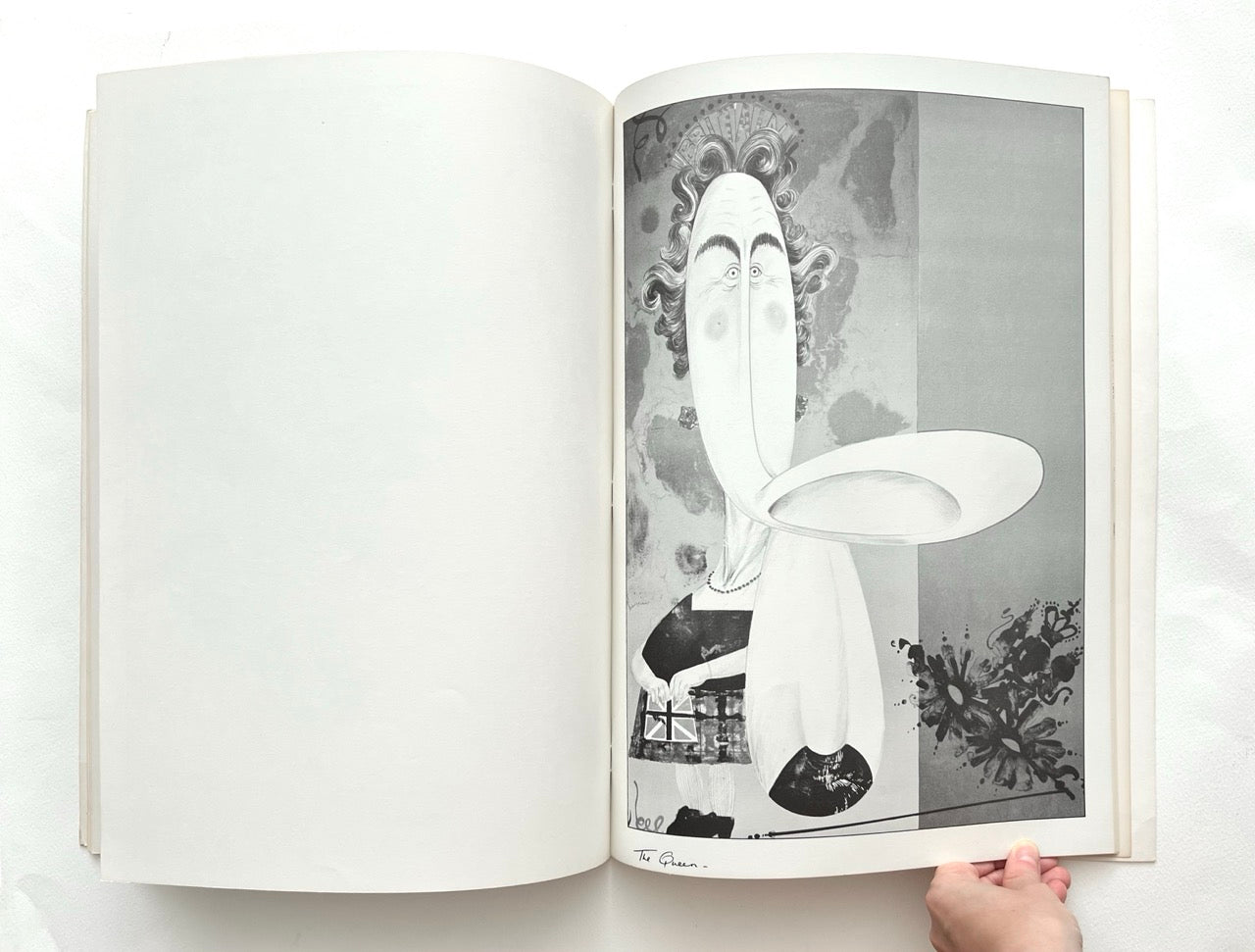 Open book - 'Indecent Exposure' by Gerald Scarfe - showing a black and white illustration of a stylized figure on a white background