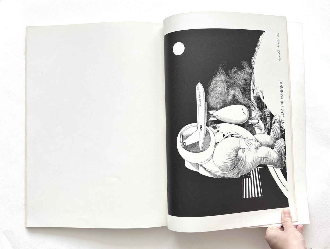 Open book - 'Indecent Exposure' by Gerald Scarfe - with a black and white illustration of a grotesque astronaut on a white background