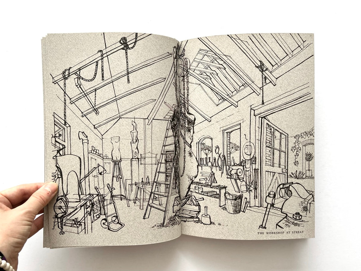John Skelton: A Sculptor’s Work 1950–1975 (1977). Full-page black line drawing of John Skelton’s sculpture workshop at Streat, showing a spacious studio filled with tools, workbenches, sculptures, ladders and equipment, captioned “The Workshop at Streat.”