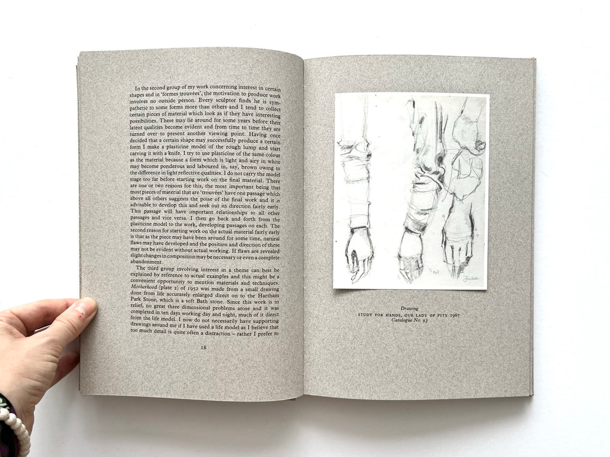 John Skelton: A Sculptor’s Work 1950–1975 (1977). Interior spread with a text page discussing John Skelton’s sculptural process on the left and a black-and-white drawing of hands on the right, captioned “Study for Hands, Our Lady of Pity 1967.”