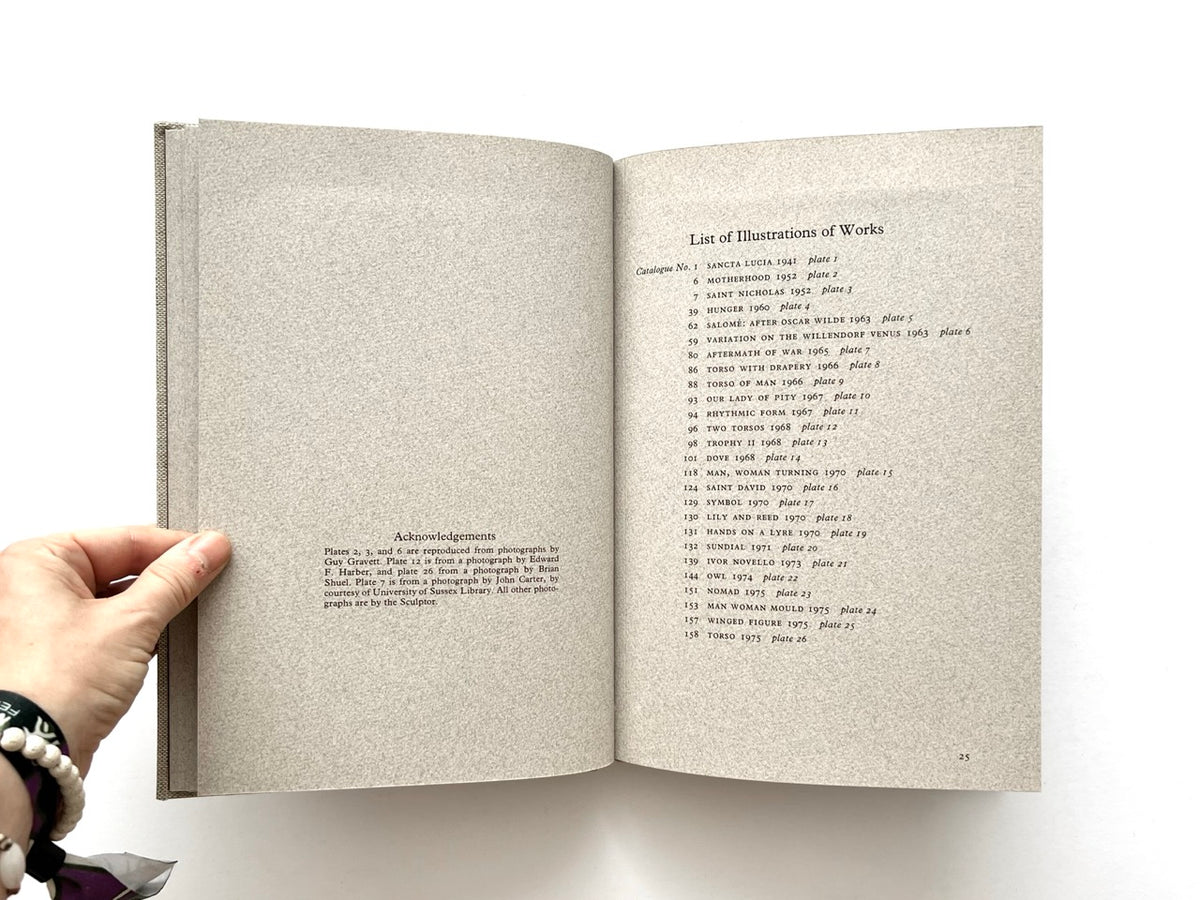 John Skelton: A Sculptor’s Work 1950–1975 (1977). Interior spread showing the acknowledgements on the left and a “List of Illustrations of Works” on the right, listing 26 illustrated sculptures and their catalogue numbers and dates.