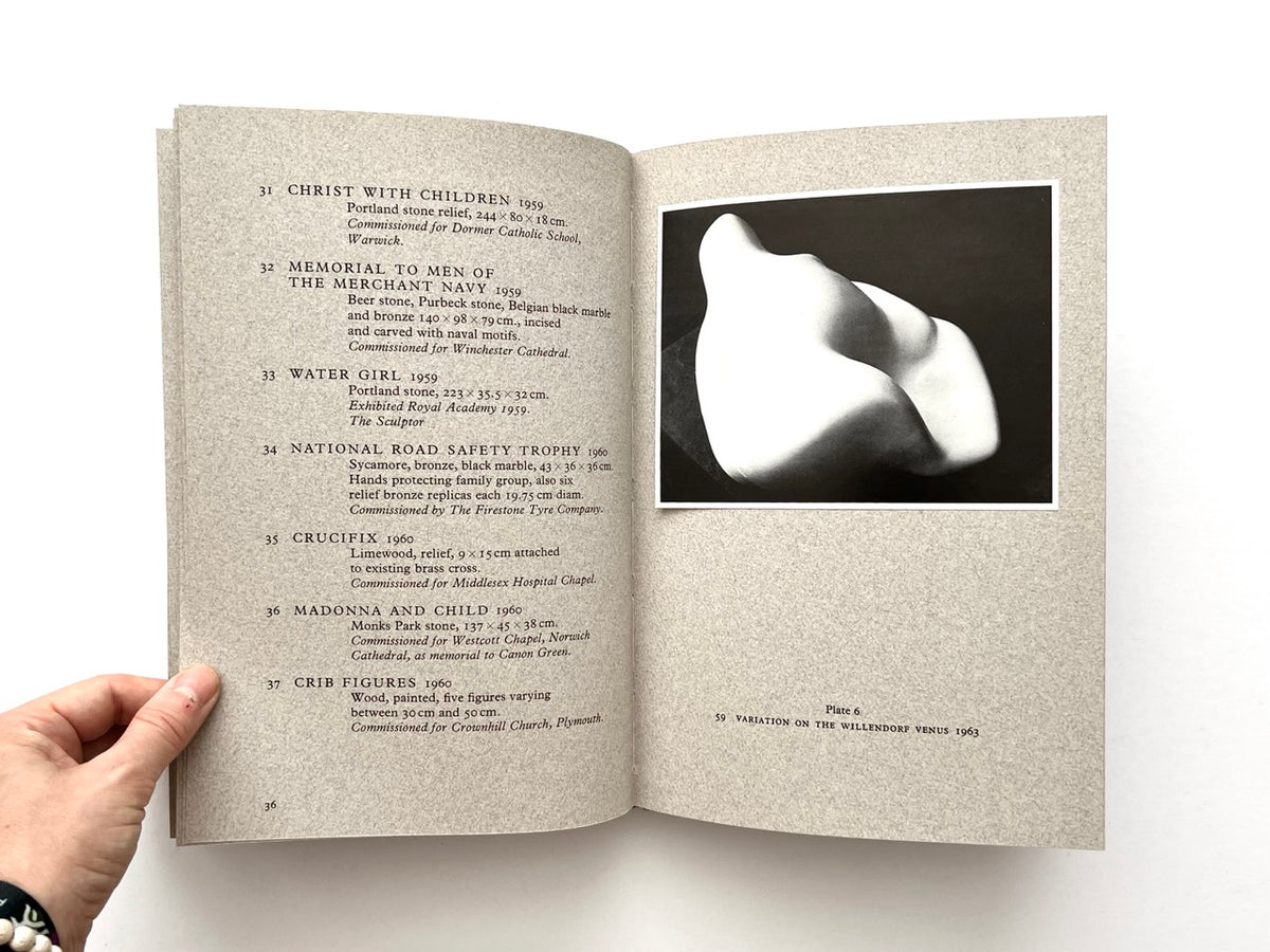 John Skelton: A Sculptor’s Work 1950–1975 (1977). Interior spread showing catalogue entries 31–37 on the left, with Plate 6 on the right featuring a black-and-white photograph of Variation on the Willendorf Venus (1963).