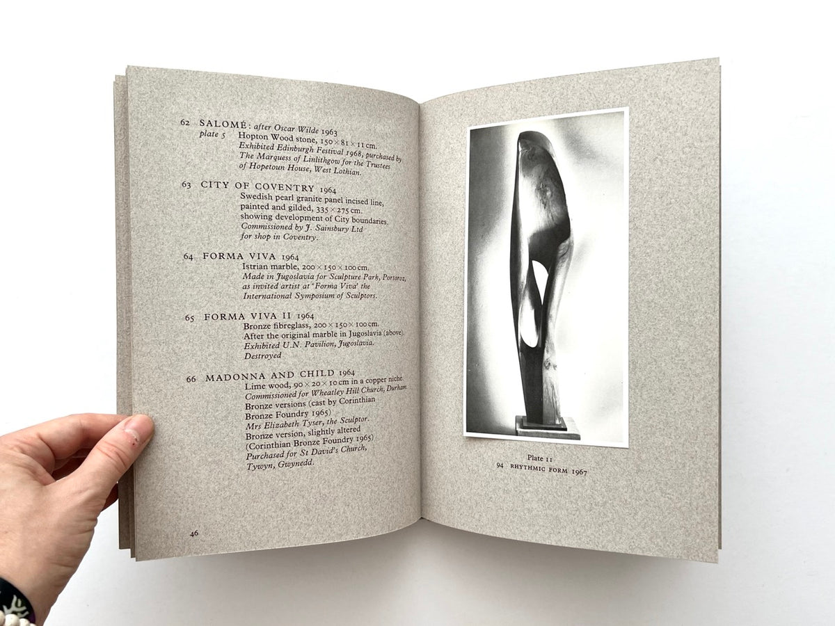 John Skelton: A Sculptor’s Work 1950–1975 (1977). Interior spread showing catalogue entries 62–66 on the left, including Salomé: after Oscar Wilde, City of Coventry, Forma Viva and Madonna and Child, with Plate 11 on the right featuring a black-and-white photograph of Rhythmic Form (1967).