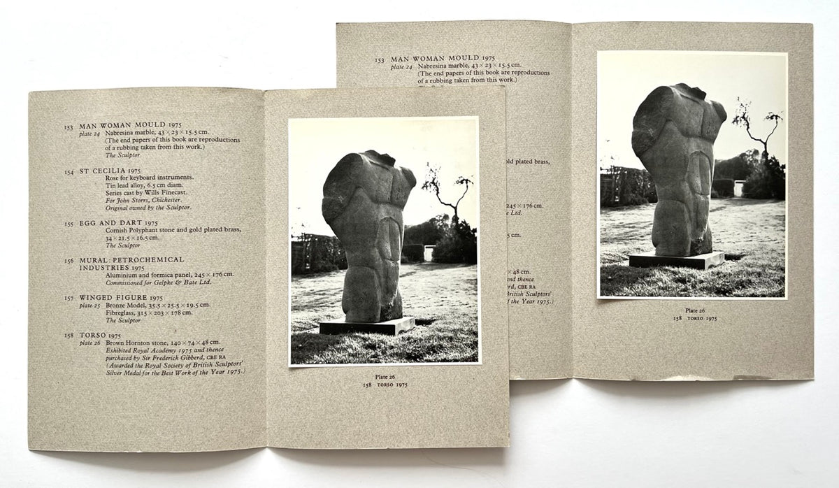 Two copies of publisher's prospectus of John Skelton: A Sculptor’s Work 1950–1975 (1977), showing catalogue entries 153–158, including Man Woman Mould, St Cecilia, Egg and Dart, Mural: Petrochemical Industries, Winged Figure and Torso, with Plate 26 featuring a black-and-white tipped-in photograph of Torso (1975).