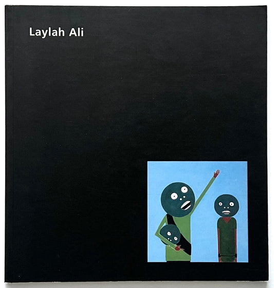 Black cover of a book titled “Laylah Ali”, featuring a small inset illustration of three stylised human figures with dark circular faces on a light blue background in the lower right corner.