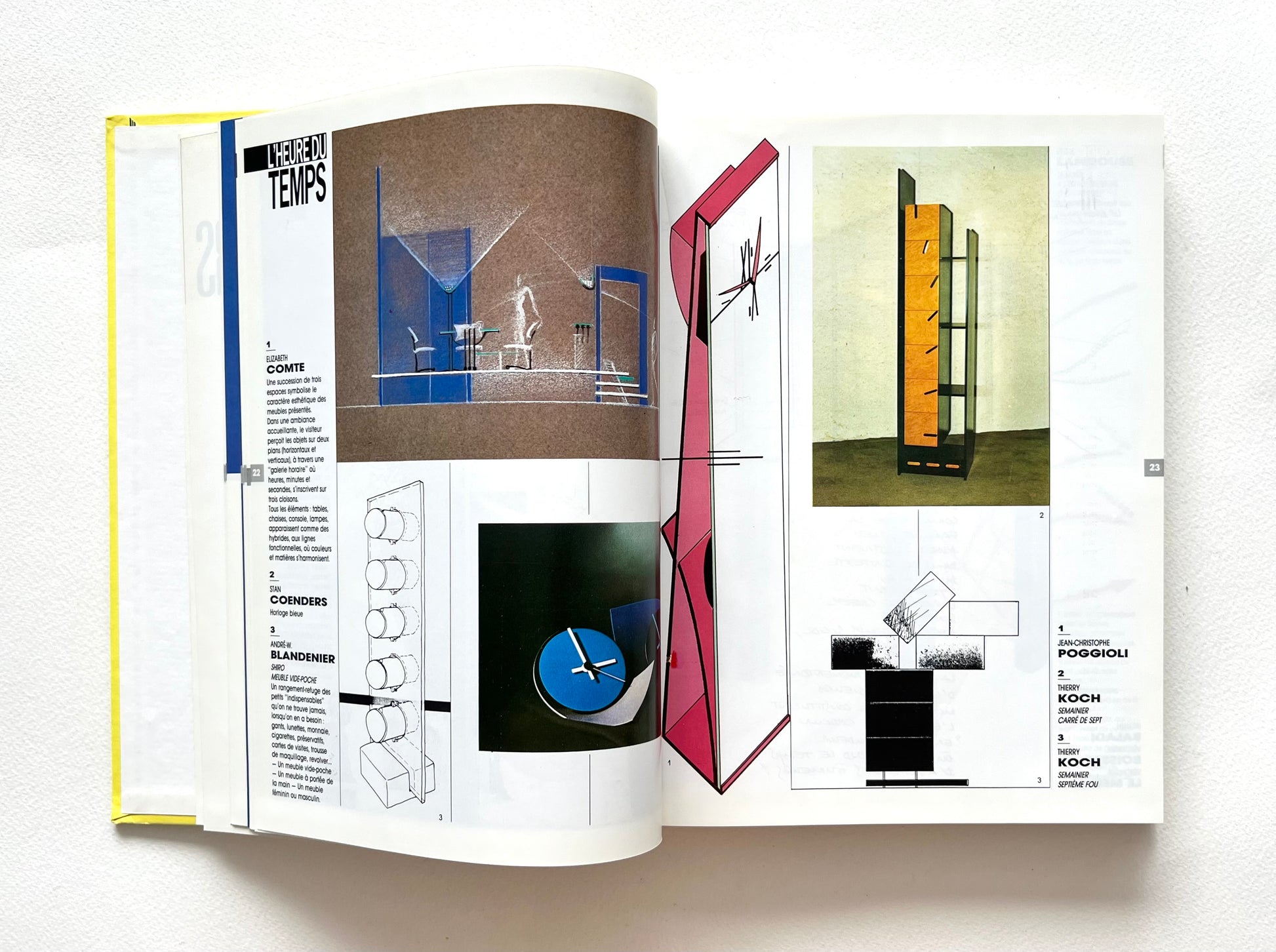 Open book - LE TEMPS DES CREATEURS [1987] - showing design illustrations for 19080s timepieces.