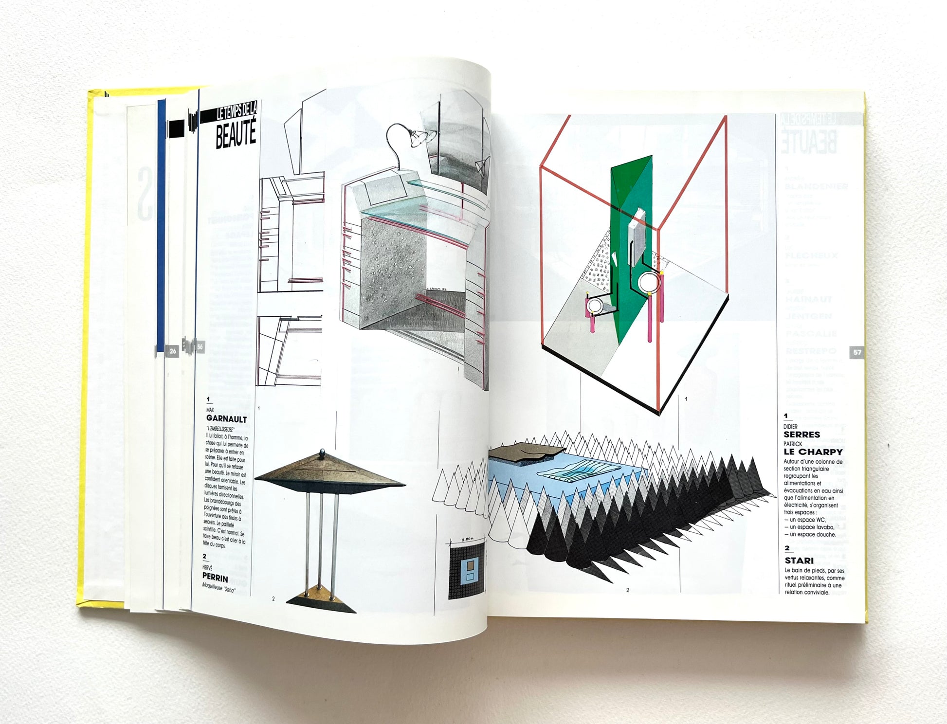 Open book - LE TEMPS DES CREATEURS [1987] - displaying architectural and furniture design illustrations.