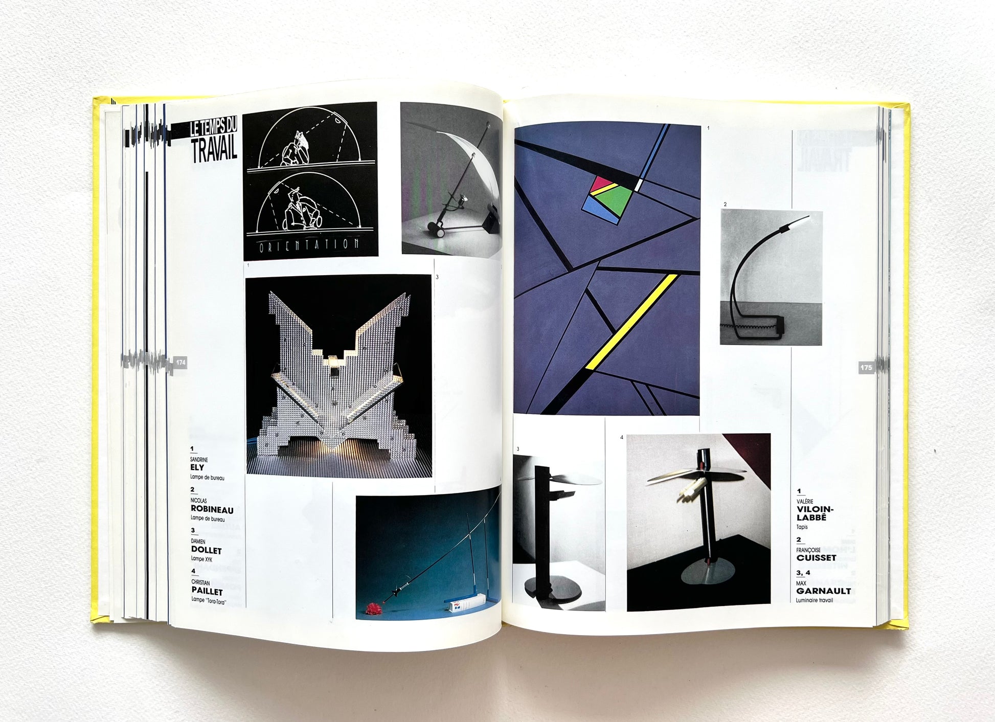 Open book - LE TEMPS DES CREATEURS [1987] - displaying images of geometric lamp designs on a white background
