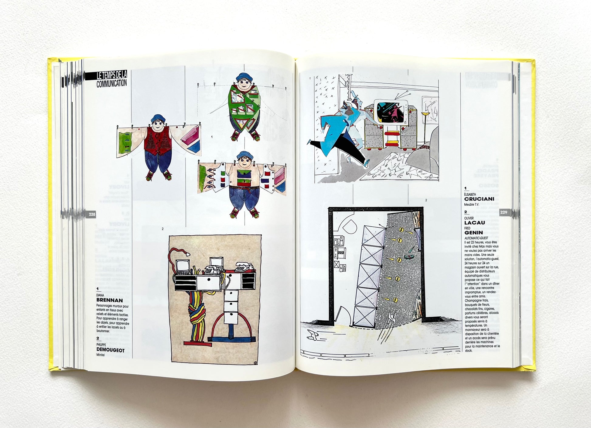 Open book - LE TEMPS DES CREATEURS [1987] - displaying playful illustrations of people and buildings on a white background