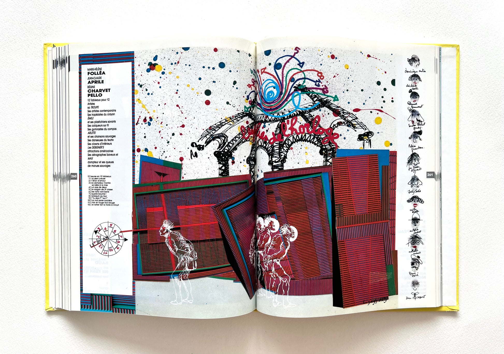Open book - LE TEMPS DES CREATEURS [1987] - displaying colorful artwork with abstract designs and text on a white background