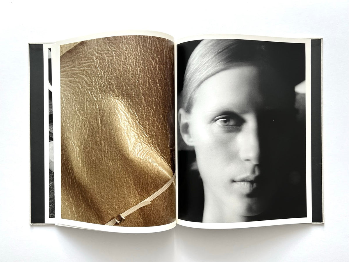 LOEWE Spring Summer 2015 Womenswear, photographed by Jamie Hawkesworth, 2015. Interior spread juxtaposing a close-up of textured metallic gold leather with a dramatic black-and-white portrait of Julia Nobis.