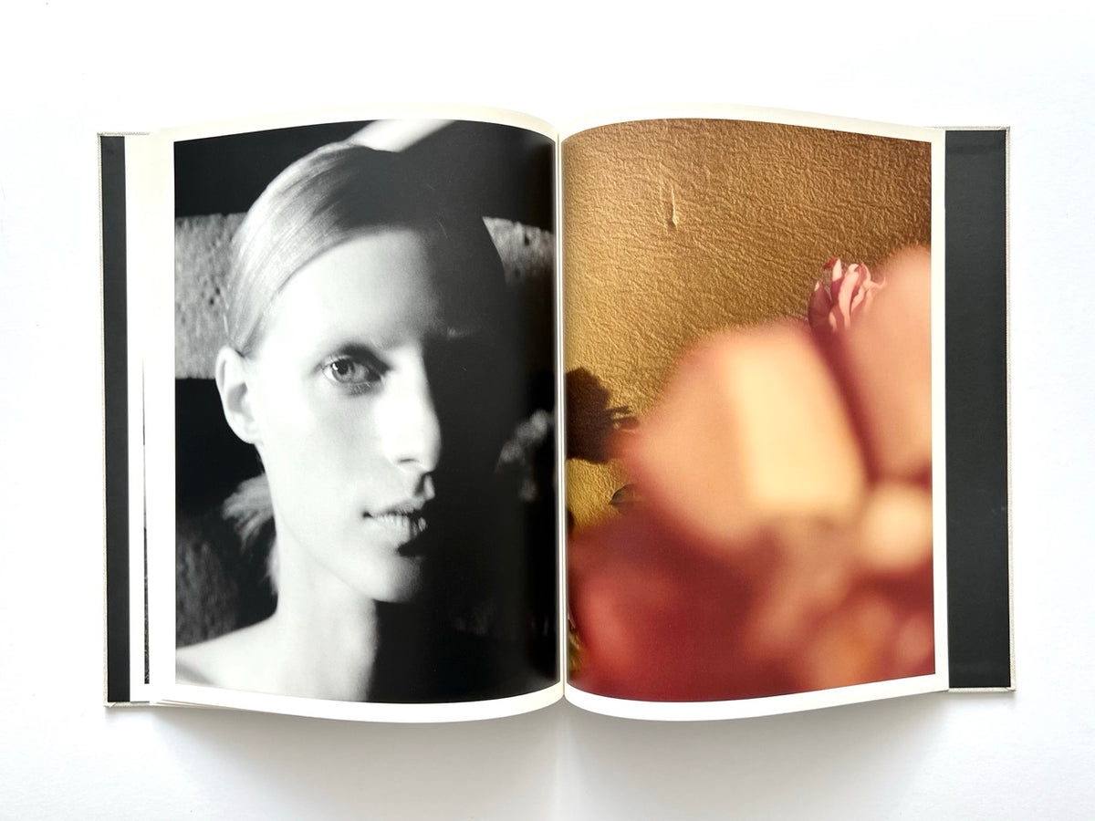 LOEWE Spring Summer 2015 Womenswear, photographed by Jamie Hawkesworth, 2015. Fashion photography spread pairing a high-contrast black-and-white portrait of Julia Nobis with an abstract warm-toned image of flowers and gold texture.