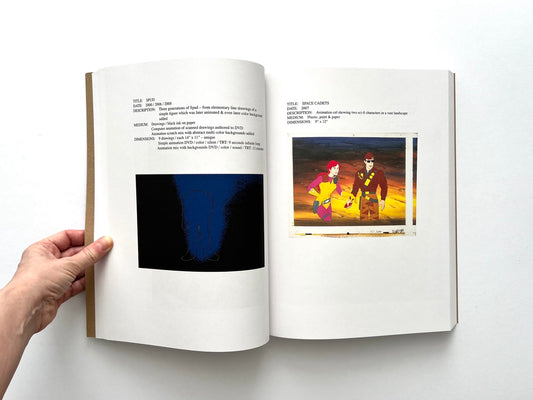 Lutz Bacher: Snow (2013), interior spread showing artwork “Spud” drawings and “Space Cadets” animation cel with sci-fi figures