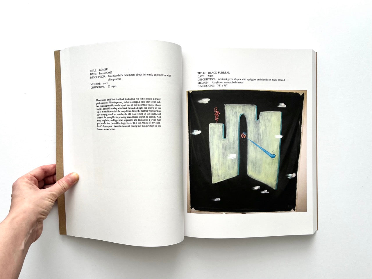 Lutz Bacher: Snow (2013), interior spread with “Gombe” text work and “Black Surreal” painting showing pale abstract forms on black ground with floating shapes