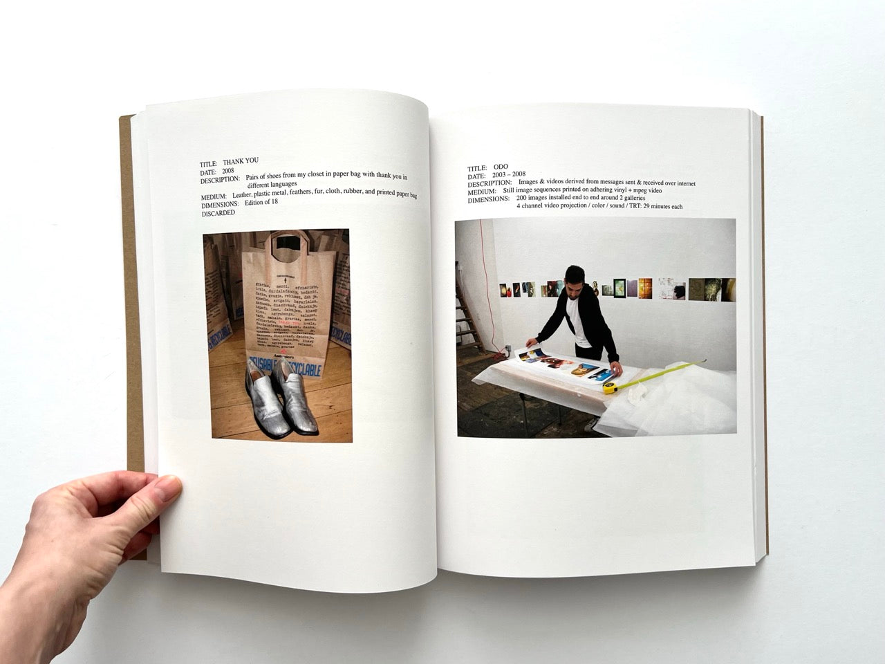 Lutz Bacher: Snow (2013), interior spread featuring “Thank You” sculpture with silver shoes and printed paper bags, and “ODO” installation with table, images and wall display