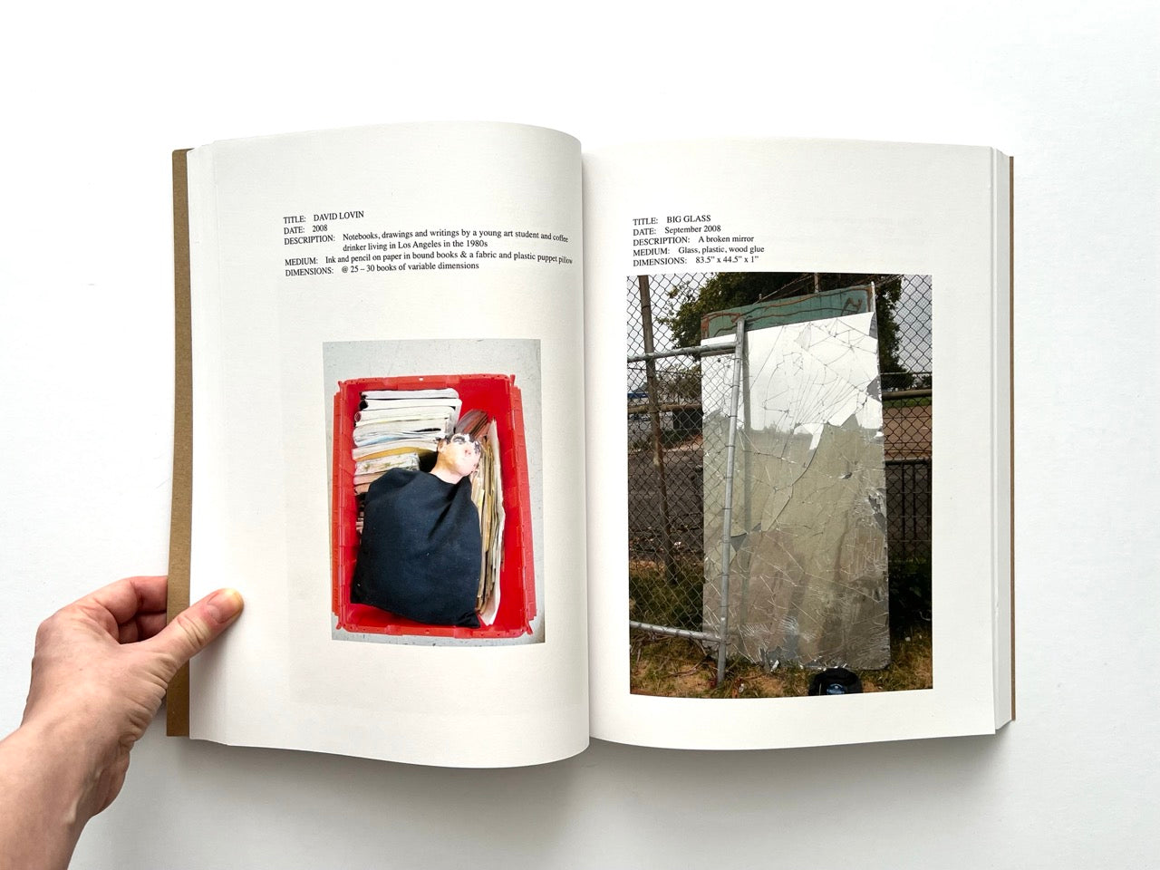 Lutz Bacher: Snow (2013), interior spread with “David Lovin” sculptural figure in red crate and “Big Glass” installation showing cracked reflective panel outdoors