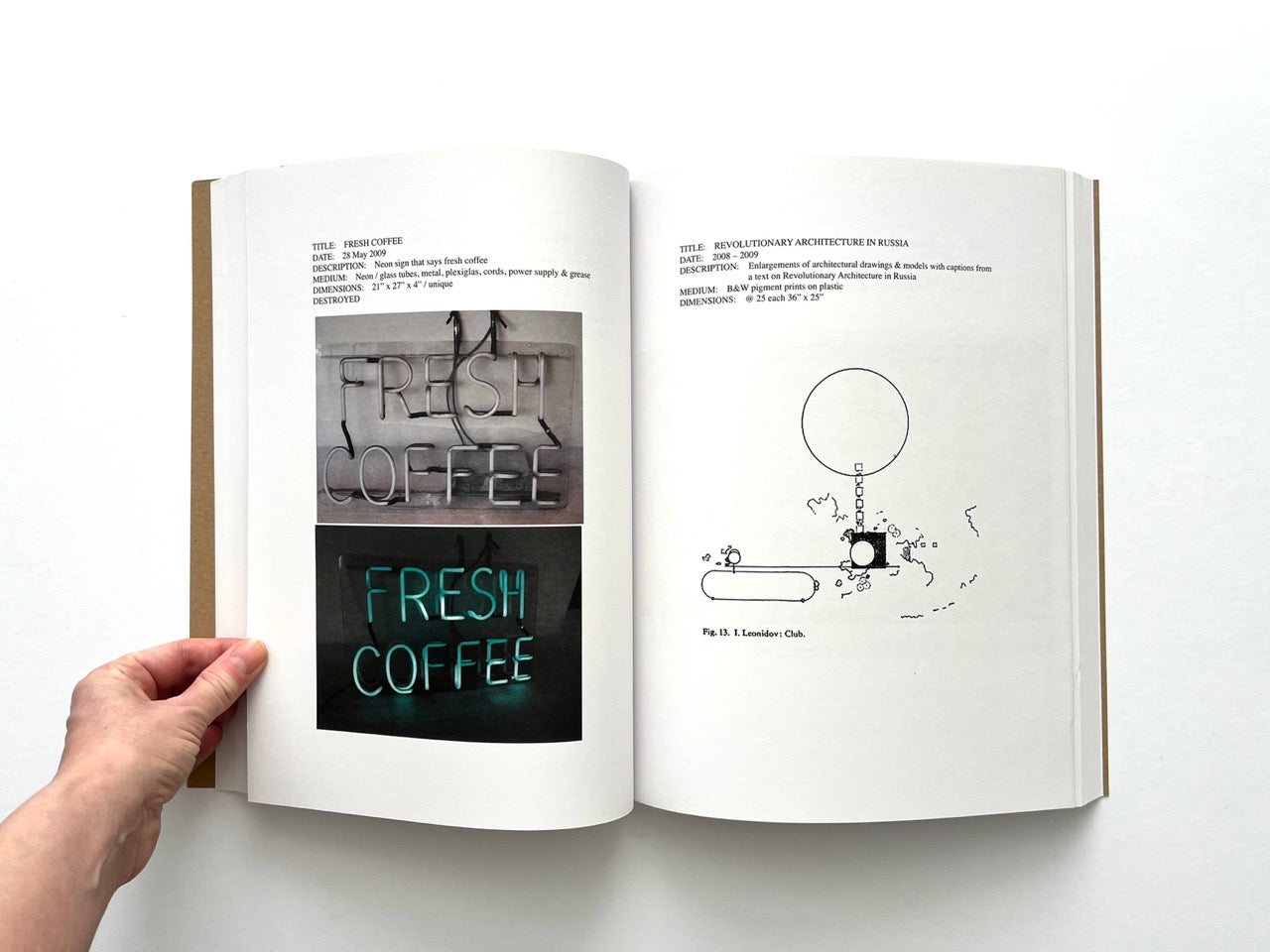 Lutz Bacher: Snow (2013), interior spread showing “Fresh Coffee” neon sign work and “Revolutionary Architecture in Russia” diagram drawing