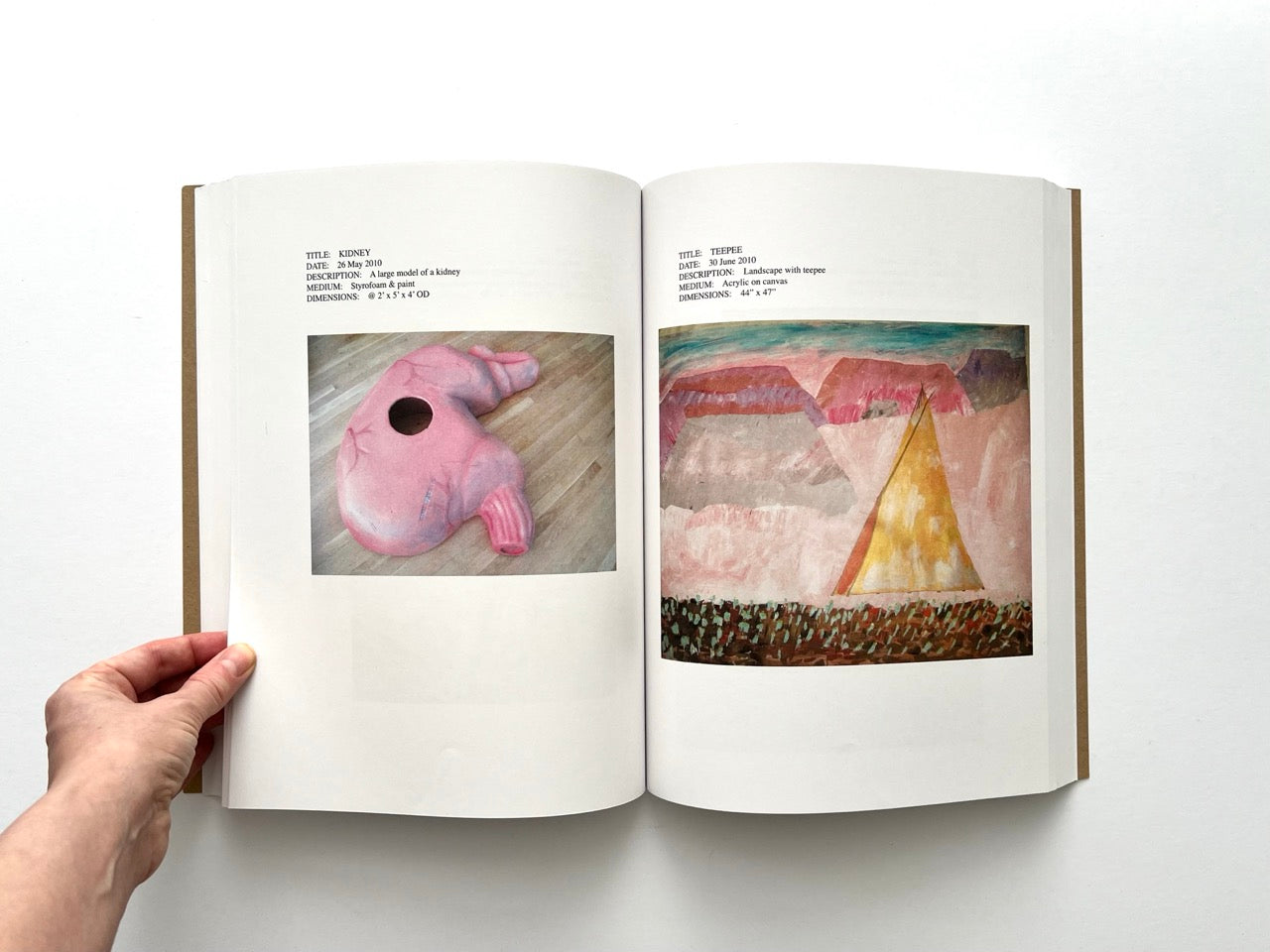 Lutz Bacher: Snow (2013), interior spread showing large pink kidney sculpture with anatomical opening and “Teepee” landscape painting with triangular tent and abstract terrain