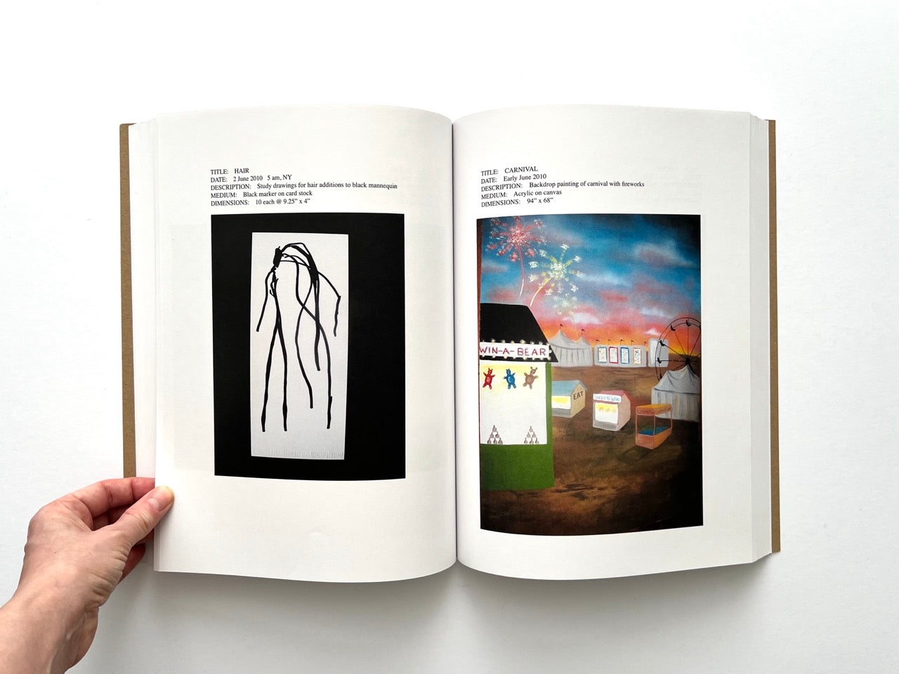 Lutz Bacher: Snow (2013), interior spread with “Hair” drawing of black dangling strands on white ground and “Carnival” painting with fairground stalls, fireworks and dusky sky