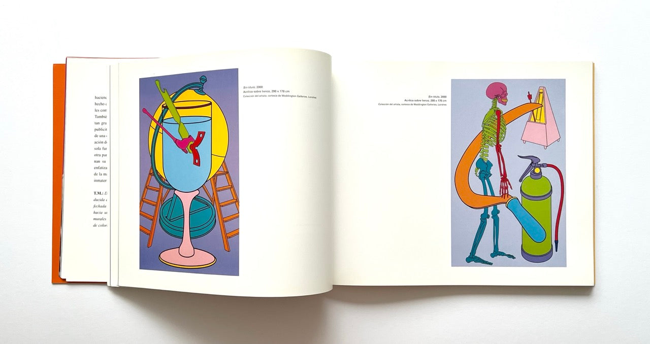 Open book showing colorful paintings (by Michael Craig-Martin) of a character with a gas tank and a large blue sphere.