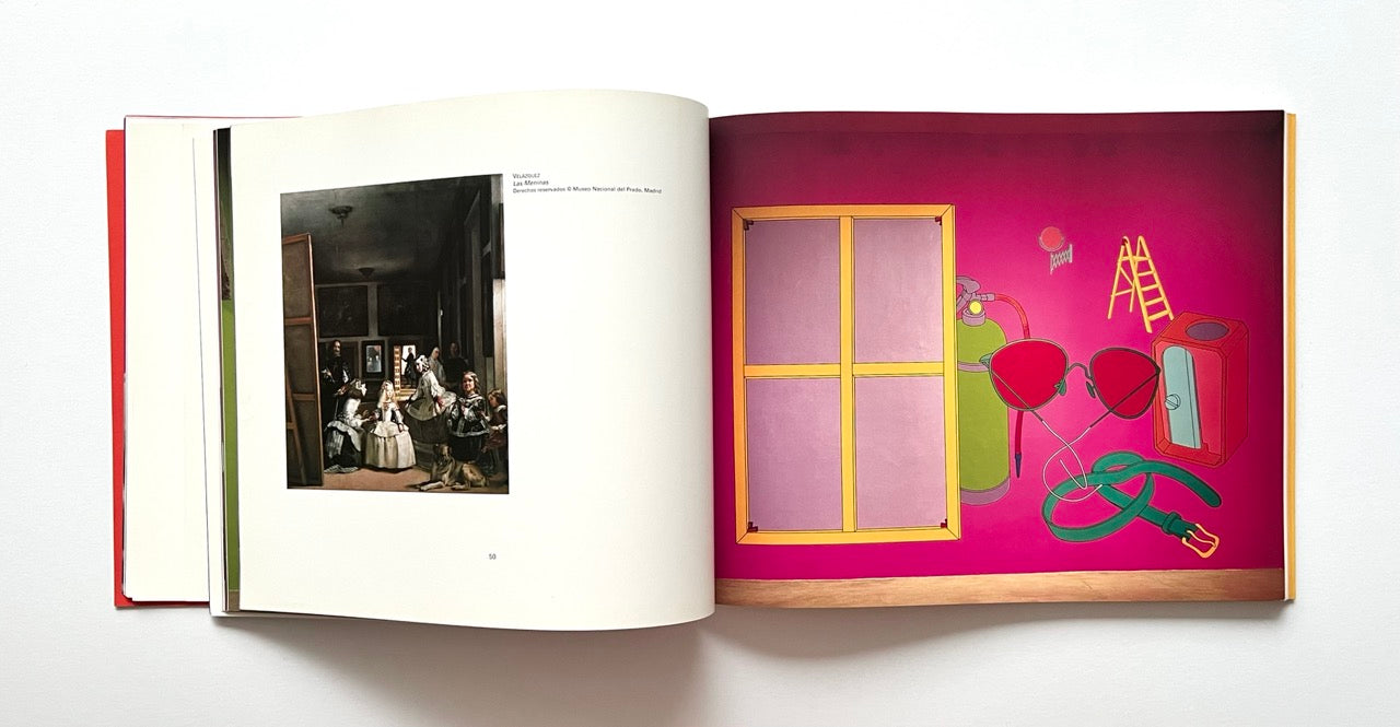 Open book showing a page with an old painting and another with colorful, minimalist painting by Michael Craig-Martin.