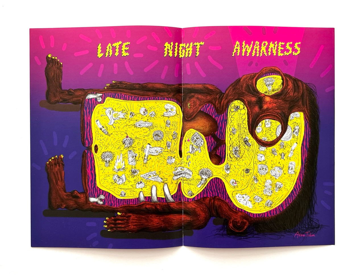 Mind Ur Food by Ayam Tulum (2017) — A mini-poster showing surreal illustration of a human body opened up to reveal a bright yellow landscape packed with tiny food-related drawings, including fruit, drinks and sweets, beneath the words “Late Night Address.”