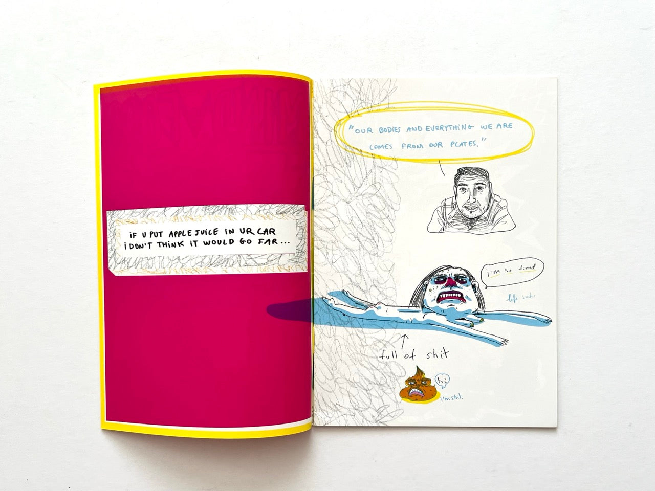 Mind Ur Food by Ayam Tulum (2017) — Interior page combining a handwritten joke about apple juice with a blue figure floating in water, surrounded by crude cartoon references to bodily functions and the phrase “full of shit.”
