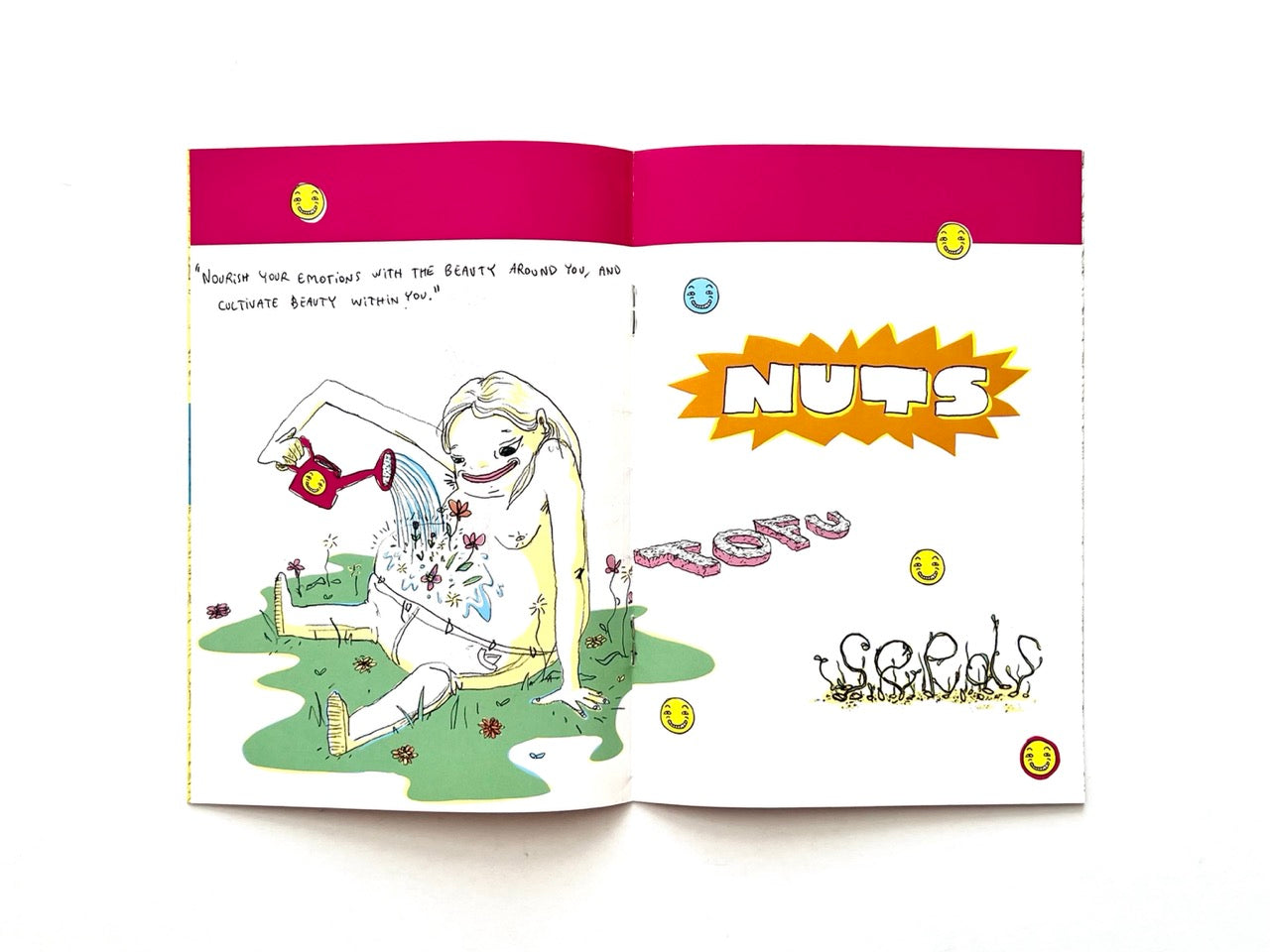 Mind Ur Food by Ayam Tulum (2017) — Double-page section titled “Nuts”, featuring a pale figure watering a patch of grass and flowers on the left and large pink-and-white “NUTS” lettering above a row of hand-drawn nut illustrations on the right.