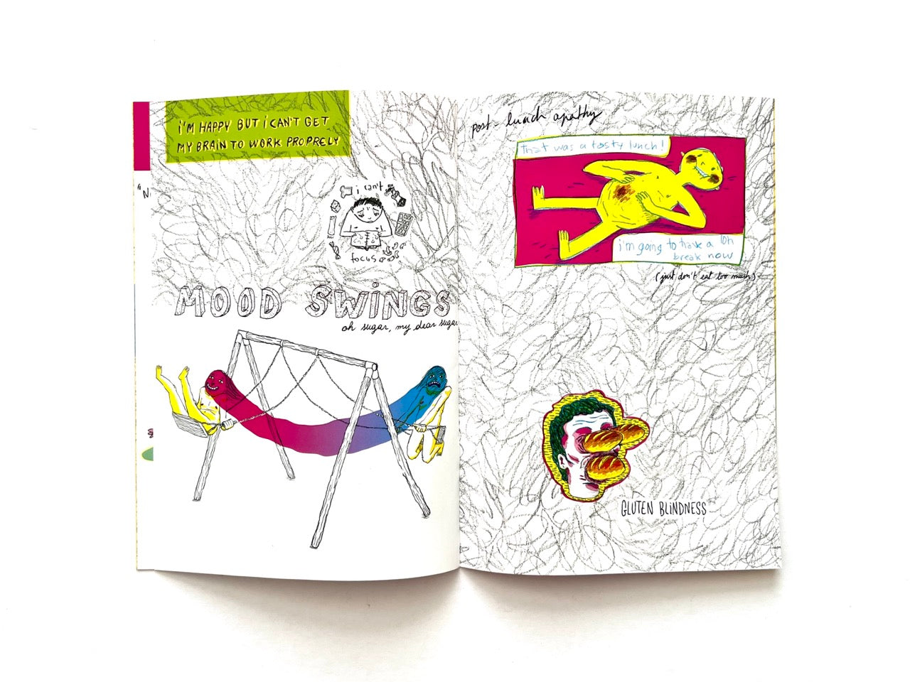 Mind Ur Food by Ayam Tulum (2017) — Interior pages depicting “Mood Swings” with a figure lying on a swing between contrasting yellow and blue characters, alongside a comic-style scene about post-lunch apathy and a drawing labelled “Gluten Blindness.”