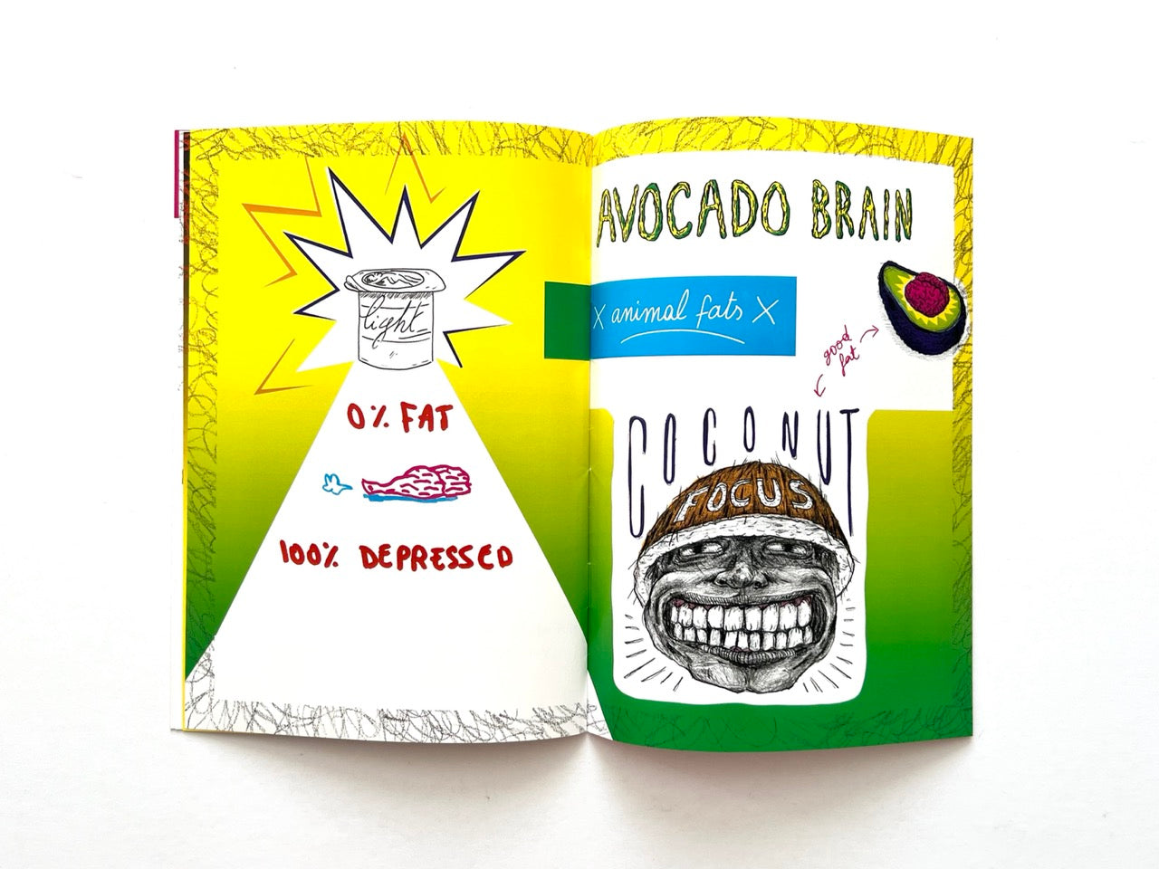 Mind Ur Food by Ayam Tulum (2017) — Interior spread titled “Avocado Brain”, contrasting an illustration of a low-fat food product labelled “0% Fat / 100% Depressed” with a grinning figure wearing a “Coconut Focus” headband and an avocado labelled as a source of good fat.
