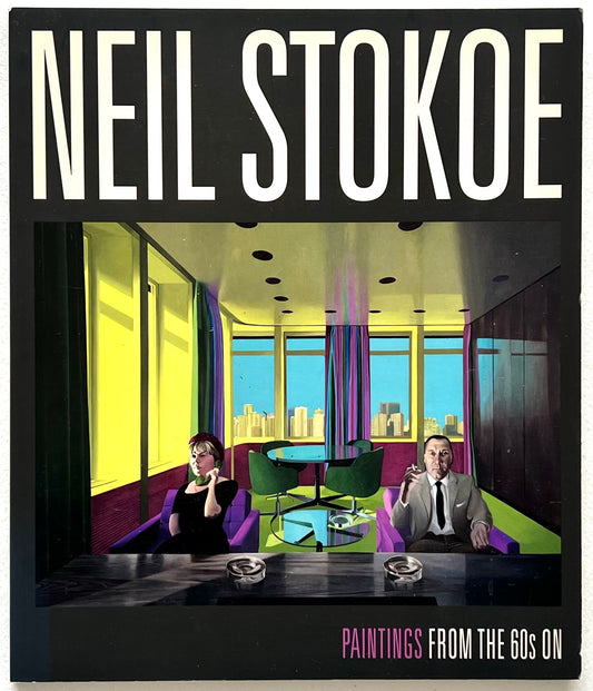Book cover of 'Neil Stokoe: Paintings from the 60s on' with a stylised illustration of two people in an office setting.