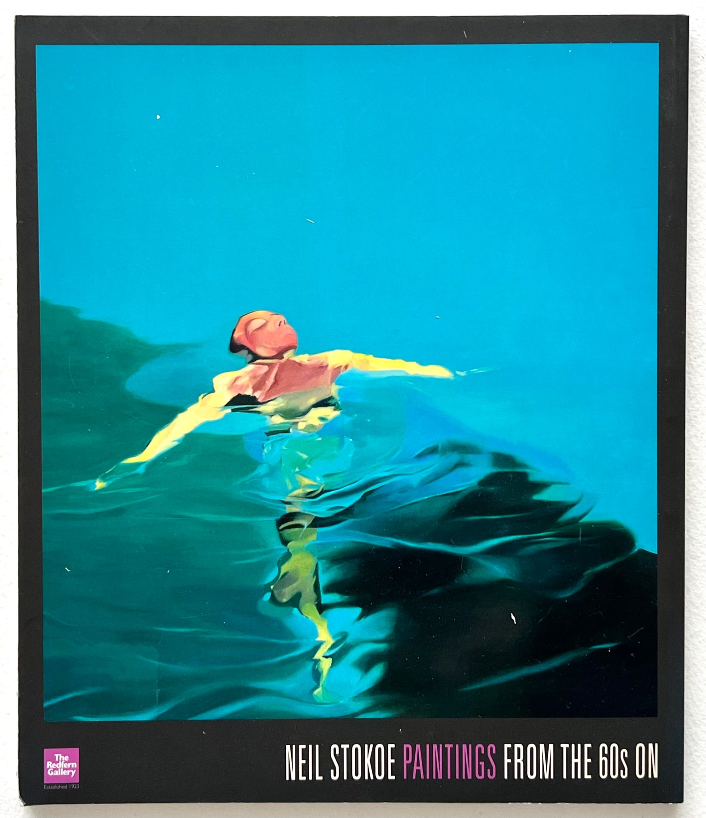 Rear book cover of 'Neil Stokoe: Paintings from the 60s on' catalogue showing an artistic depiction of a person swimming underwater with a blue sky above, 