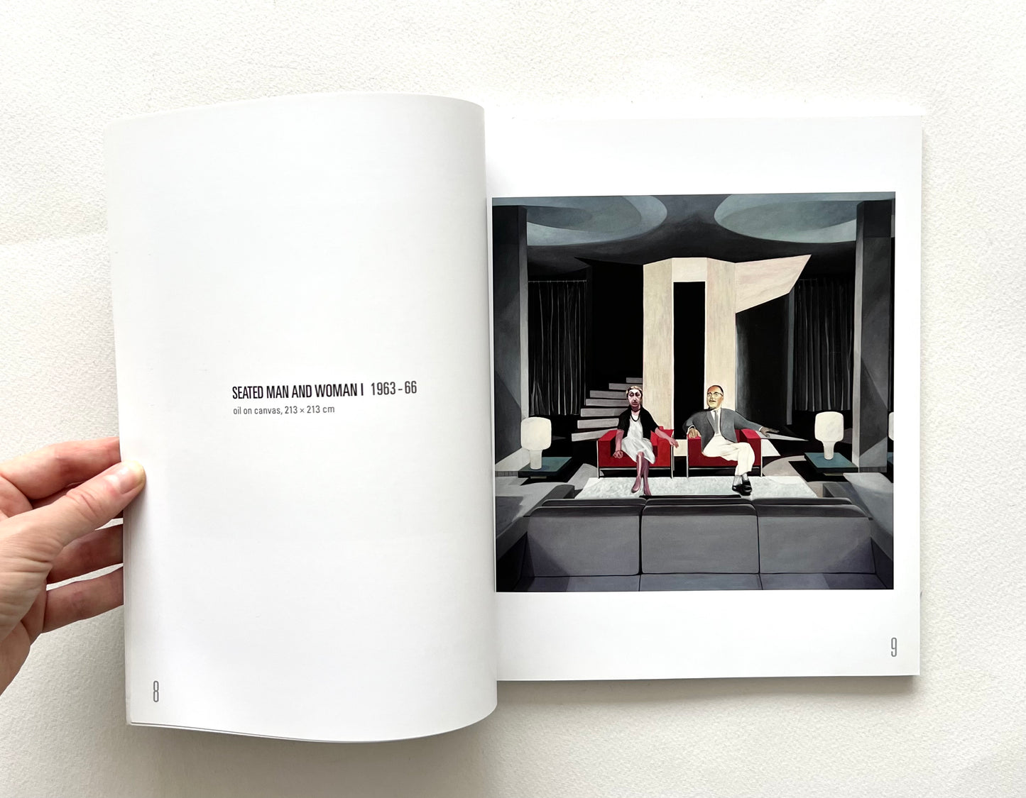 Open 'Neil Stokoe: Paintings from the 60s on' book showing a stylised painting of two people in a room with a mid-century modern design.
