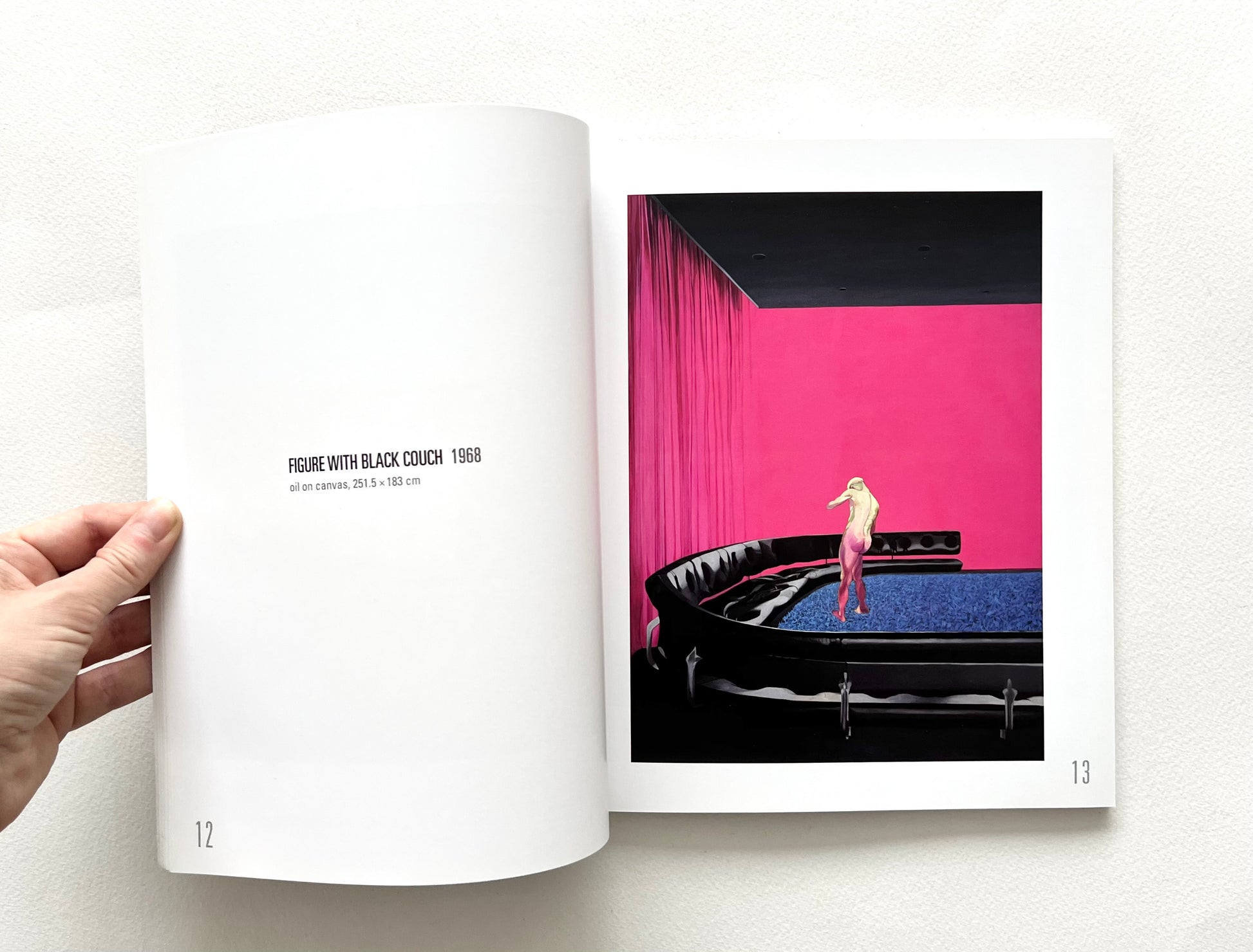 Open 'Neil Stokoe: Paintings from the 60s on' book showing an artwork with a pink wall and black couch, with a naked figure in the centre.