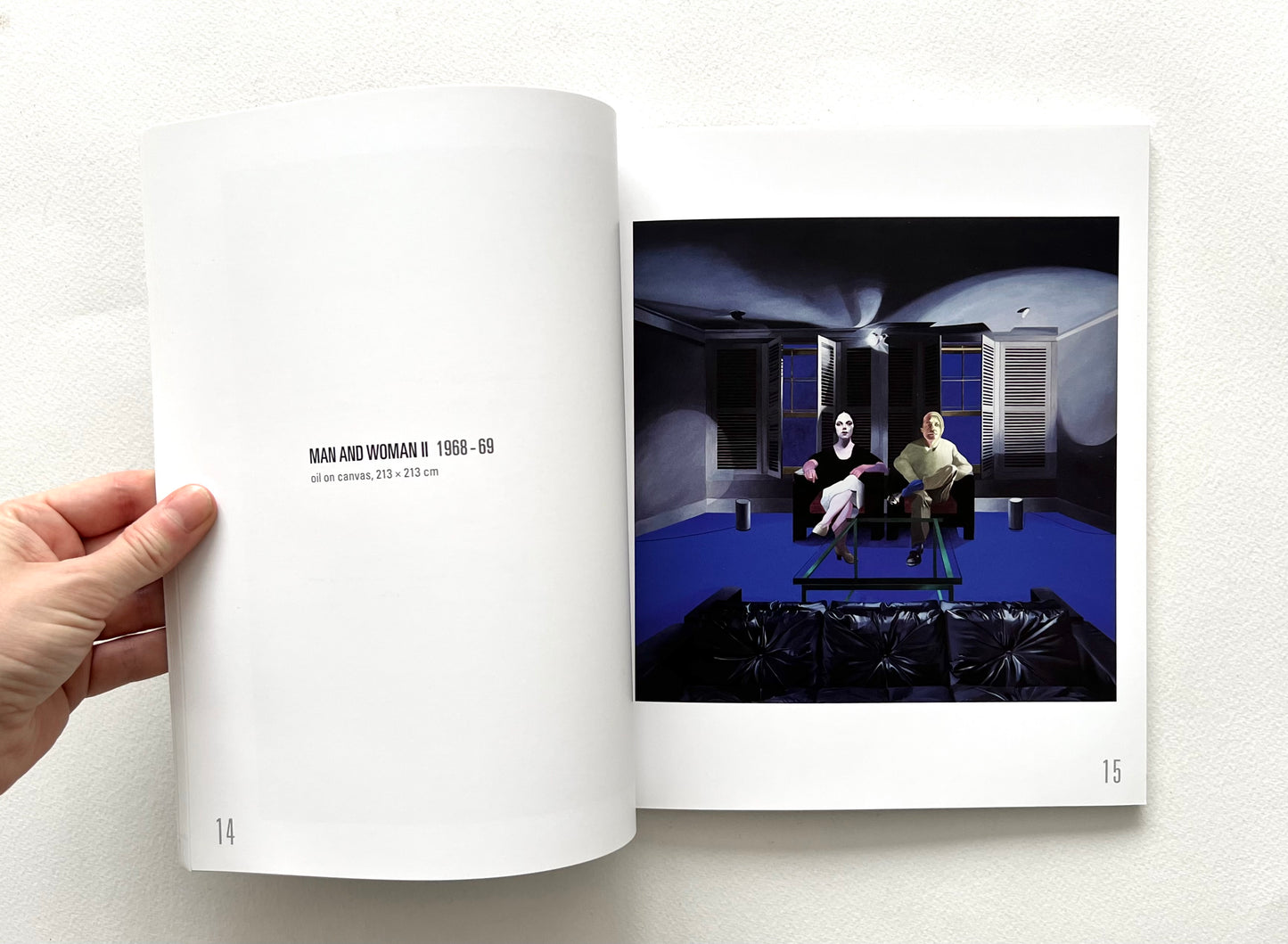 Open 'Neil Stokoe: Paintings from the 60s on' book showing an artwork of two people sitting side by side in a dark, eerie room with cobalt blue floor.