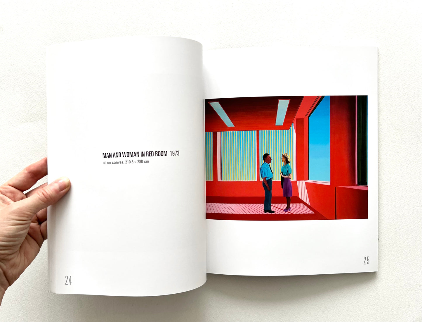 Open 'Neil Stokoe: Paintings from the 60s on' book showing a colorful artwork of two people standing in an offcie with red walls.