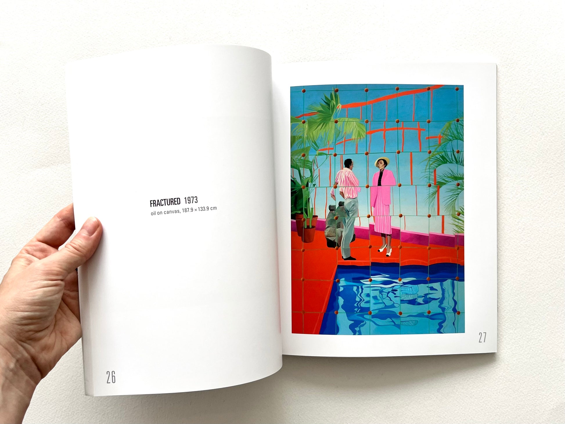 Open 'Neil Stokoe: Paintings from the 60s on' book showing a colorful iartwork of two people on a rooftop with a pool.