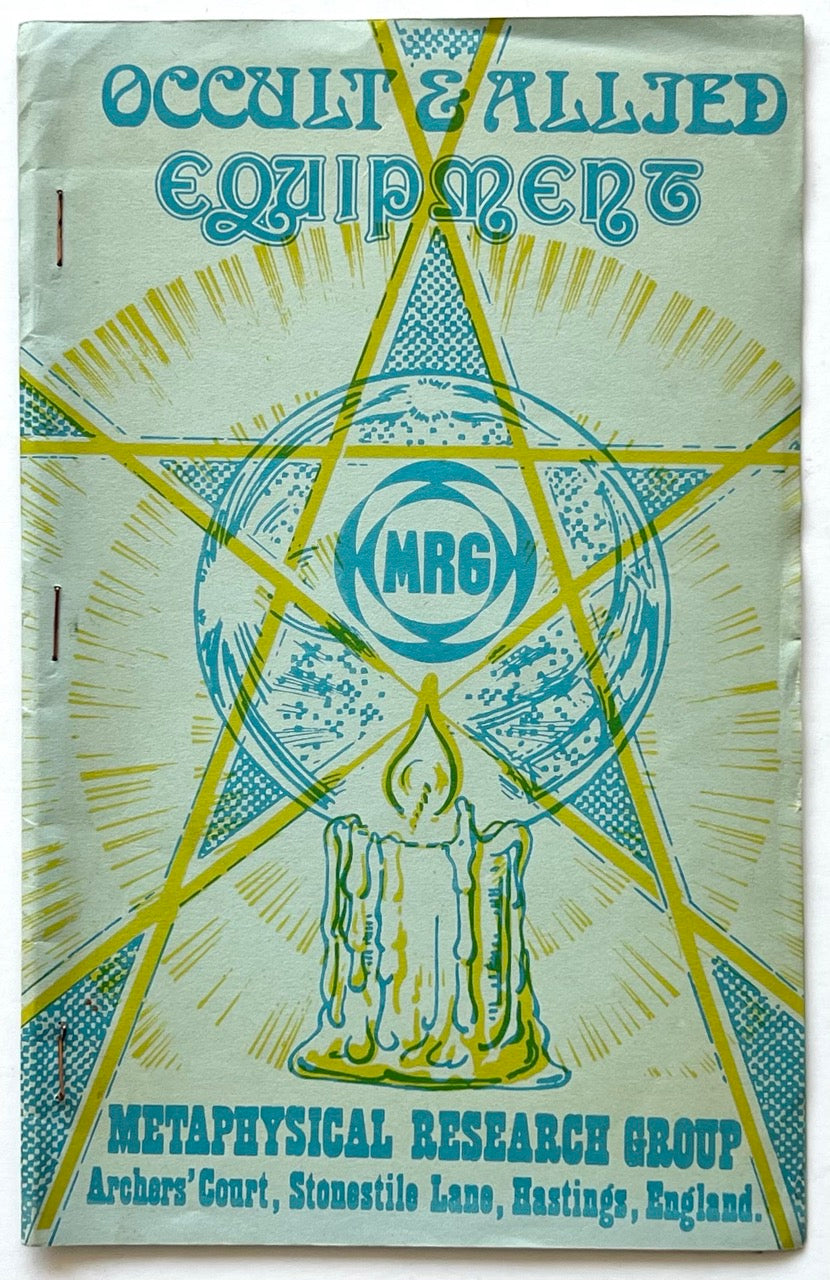 Occult & Allied Equipment by Metaphysical Research Group, undated. Turquoise illustrated front cover with blue and yellow occult typography, pentagram, radiating lines, MRG emblem and candle illustration.